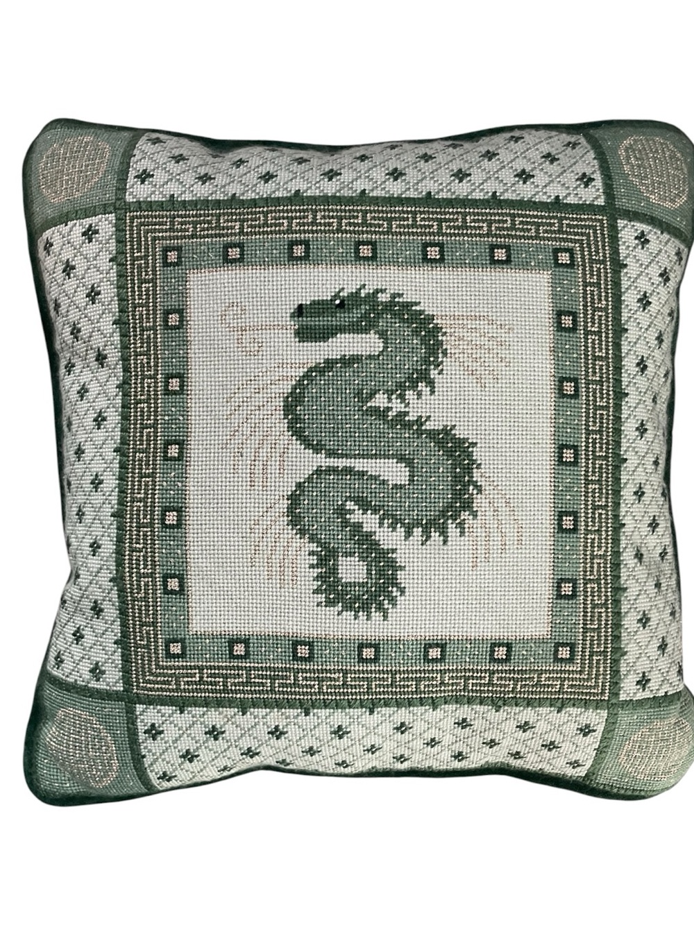 Handworked Needlepoint Pillow Green Serpent Dragon Asian Themed Chinese